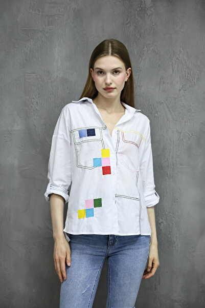 STİLPİX Kadın Beyaz Kare Desen Nakış Gömlek | Women's White Embroidery Shirt