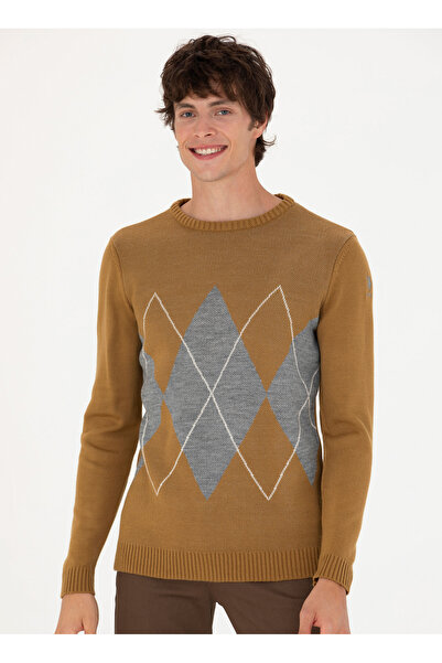 U.S. Polo Assn. Η.Π.Α. Polo Assn. - Ανδρικό ελαφρύ πουλόβερ χακί, λαιμόκοψη, κανονική εφαρμογή PAMEL