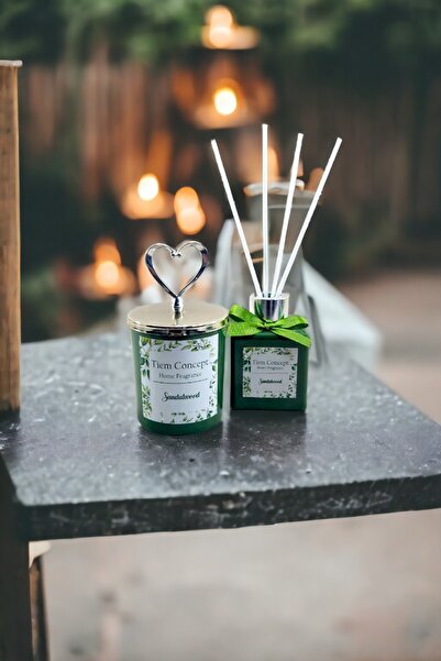 Tiem Concept Kalp Gümüş Başlıklı Sandal Ağacı Kokulu Yeşil Bardak Mum Ve Çubu...