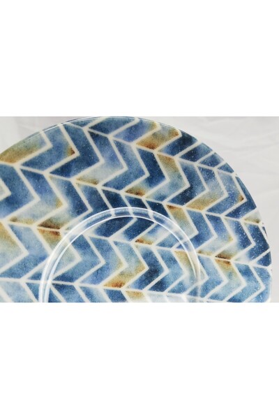 SARE صحن شاي بورسلين أزرق بنمط هندسي قاعدة أكواب بورسلين (6 قطع)