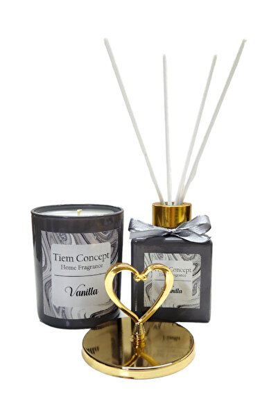 Tiem Concept Kalp Gold Başlıklı Vanilya Kokulu Gri Bardak Mum Ve Çubuklu Oda Kokusu Seti 100 ml