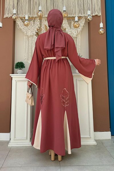 Bym Fashion Κέντημα αποξηραμένο τριαντάφυλλο Λεπτομερές Abaya 7901 - Ζώνη μέσης