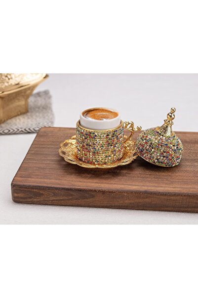 KT HOME Kahve Seti Kahve Fincanı 6 Kişilik Taşlı Takım Türk Kahvesi Fincan Kristal Fincan Zamak Taşlı