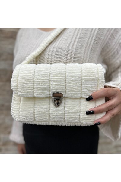 ERVA Orta Boy Krem Pofuduk El Yapımı Çanta