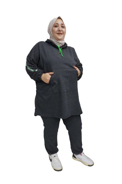 BAV Butik Ayvitrin Large Size Hijab Oversize Model Anthracite Green Highlighter Tracksuit Set