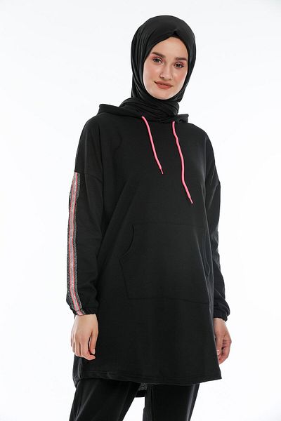 BAV Butik Ayvitrin Black and Pink Highlighter Hijab Hoodie Set