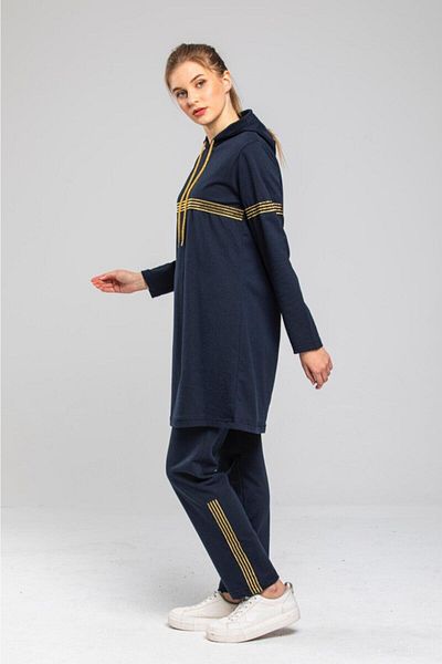 BAV Butik Ayvitrin Women's Navy Blue Glitter Striped Two Thread Hijab Top and Bottom Set