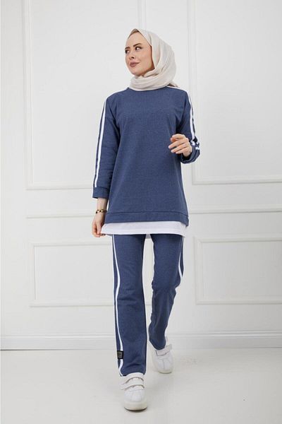 BAV Butik Ayvitrin Hijab Ribbed Trim Tracksuit Set Indigo