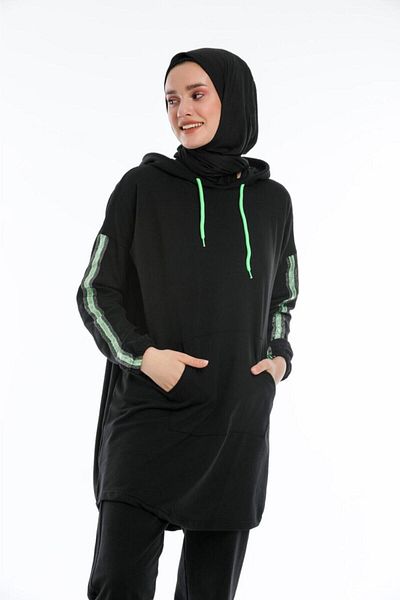 BAV Butik Ayvitrin Black Green Highlighter Oversize Hijab Tracksuit Set