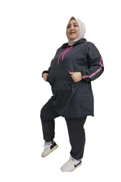 BAV Butik Ayvitrin Large Size Hijab Oversize Model Anthracite Pink Highlighter Tracksuit Set