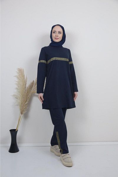 BAV Butik Ayvitrin Women's Hijab Hoodless Glitter Stripe Tracksuit Set Navy Blue