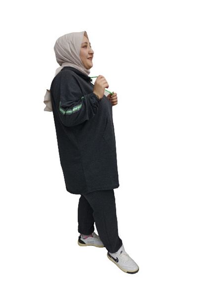 BAV Butik Ayvitrin Large Size Hijab Oversize Model Anthracite Green Highlighter Tracksuit Set