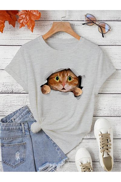 PENTHİLUS surprised cat printed T-shirt plus size