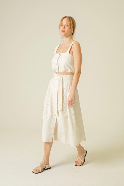 Rue Studio Güpür Detaylı Kemerli Ekru Etek