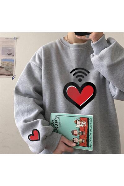 Toum سويت شيرت New Colletion Heart Signal مطبوع باللون الرمادي للجنسين مقاس ك...