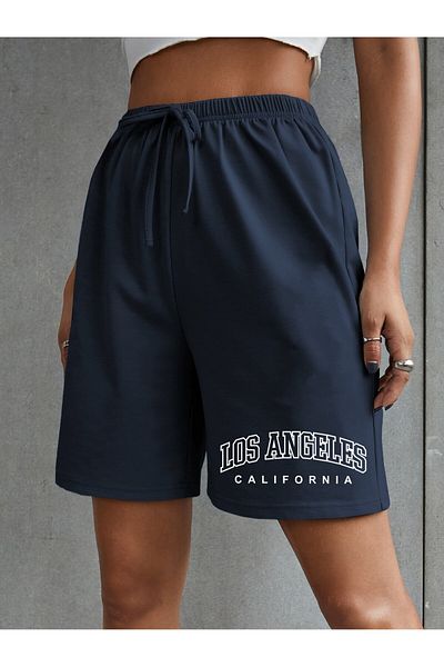 MODARİCH Σορτς με ψηλή μέση και πλεκτές τσέπες Navy - Los Angeles California printed