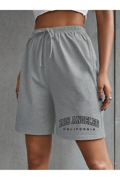 MODARİCH Los Angeles Printed Gray High Waist Knitted Pocket Shorts