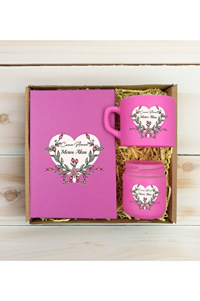 Bk Gift Kişiye Özel İsimli DTF Anne Temalı Pembe Defter & Kahve Fincanı & Mum...