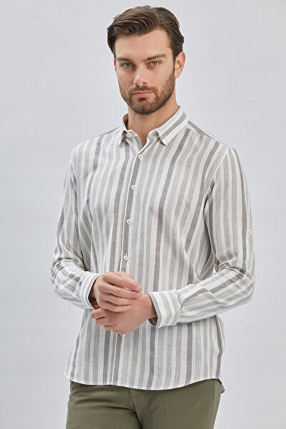 İmza Gray Striped Slim Fit Cotton Shirt - Shortable Sleeves, Unit Collar1004240201