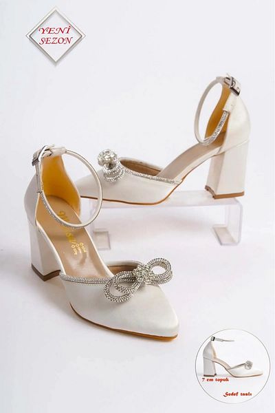 Moda Değirmeni Stoned Mother of Pearl Saténové dámské boty na podpatku - BG1042-119-0020