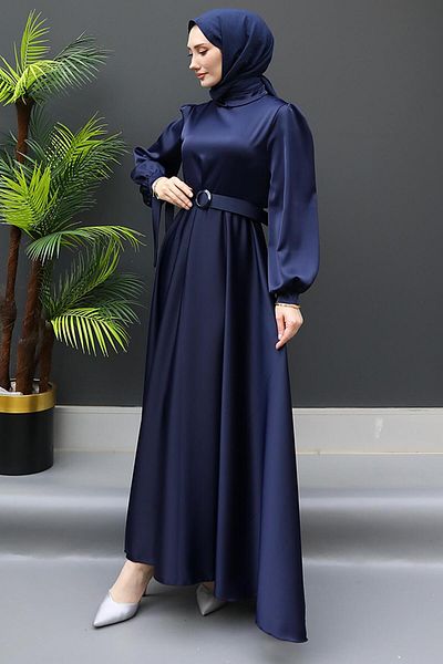GİZ AGİYİM Navy Blue Satin Belted Dress