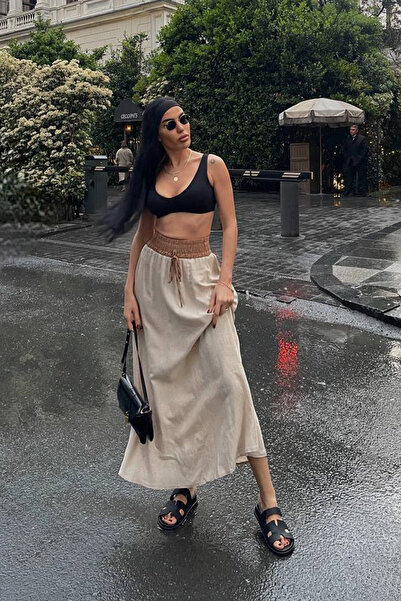 Ortaya Çık Μπεζ Δίχρωμη Λινό Υφασμάτινη Φούστα