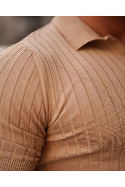 Tarz Cool Ανδρικό πλεκτό μπλουζάκι Polo Neck με ραβδώσεις