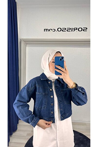 sorisso سترة قصيرة من قماش الدنيم باللون الأزرق الداكن مع جيوب