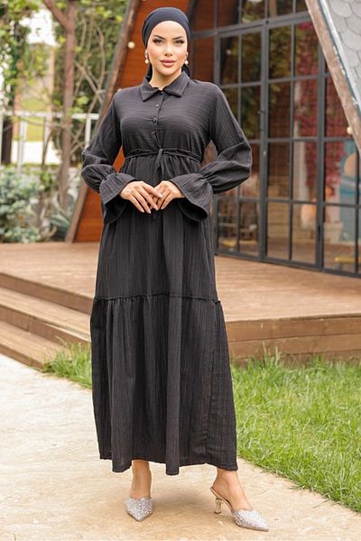 Bestenur Elisa Shirt Collar Dress 899 - Black
