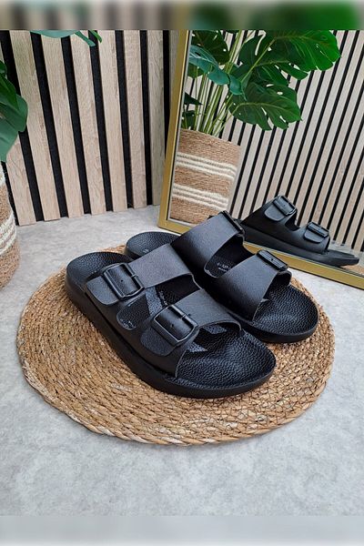 İmerShoes Casual Men's Black Slippers Adjustable Buckle Patterned Anatomical Sole Soft Comfortable Sandals 066