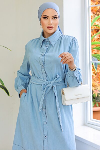 Bestenur Light Blue Denim Dress - Neck Buttoned, Model 894