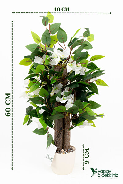 YAPAY ÇİÇEKÇİNİZ TAŞ DETAYLI BEYAZ RENKLİ SAKSIDA 60 CM YAPAY BEGONVİL AĞACI