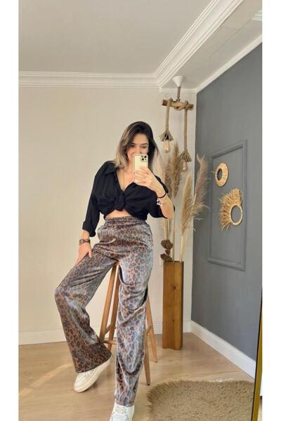 BURCE Beli Lastikli Geniş Paça Leopar Desenli Pamuklu Kadın Uzun Pantolon