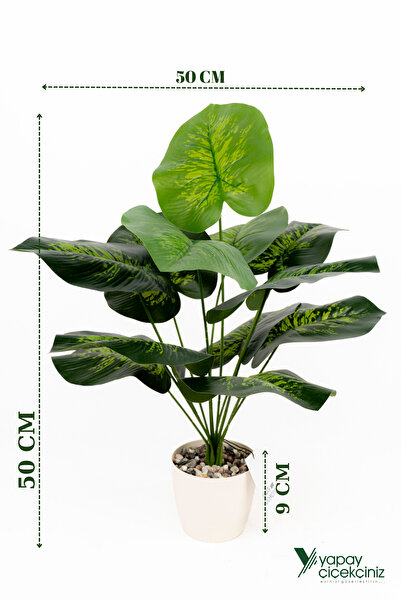 YAPAY ÇİÇEKÇİNİZ Taş Detaylı Beyaz Saksıda 12 Yapraklı 50 cm Yapay Salon Çiçeği