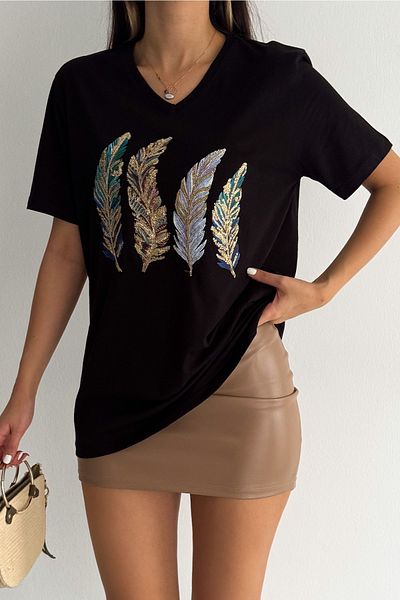 FEMELLE Tricou negru de damă, cu decolteu în V, cu paiete și paiete brodat