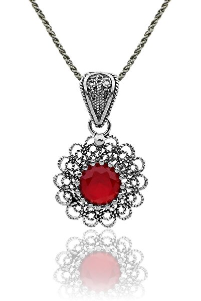 Erdobia Ocak Lal Doğum Taşı Çiçek Motifli Telkari Gümüş Kolye