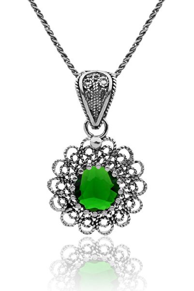 Erdobia Mayıs Zümrüt Doğum Taşı Çiçek Motifli Telkari Gümüş Kolye