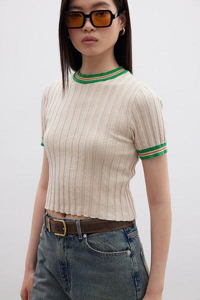 Manuka RETRO STRICK T-SHIRT MIT GESTREIFTEM MUSTER BEIGE