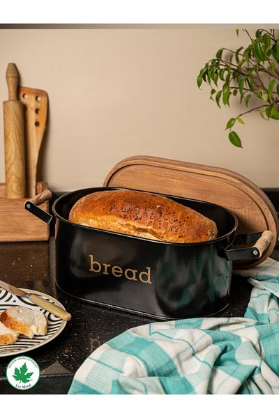 linmetal Metal Bread Bowl - With Wooden Lid and Handle, Bread Printed