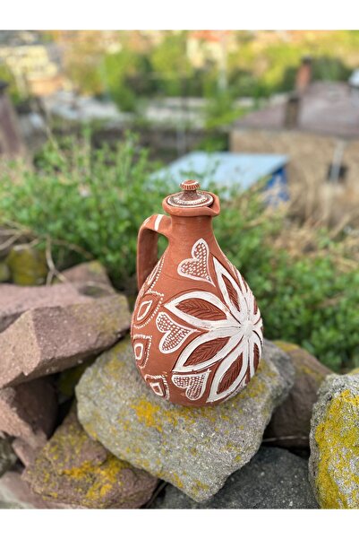 Home El Yapımı Desen İşlemeli Kapaklı Toprak Su Testisi Büyük boy