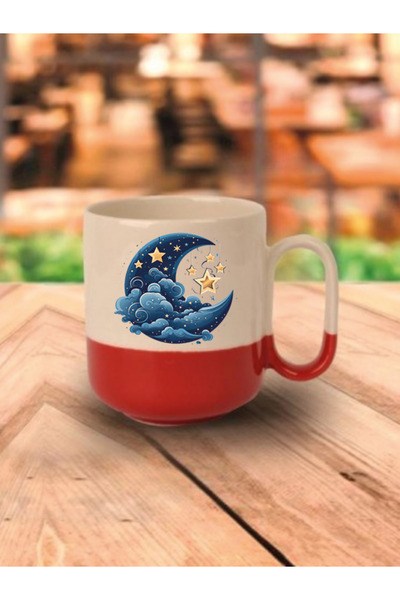 lili hediyelik كوب سيراميك أحمر مطبوع عليه نجوم باللونين الأزرق والأصفر - كوب...
