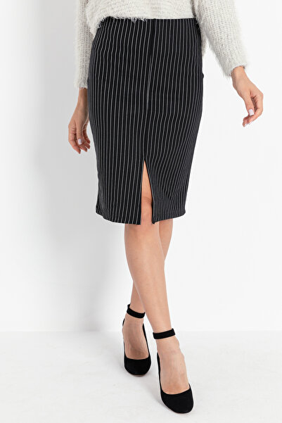Urbanmaden co High Waist Black Striped Stretchy Lycra Fitted Slit Women's Skirt