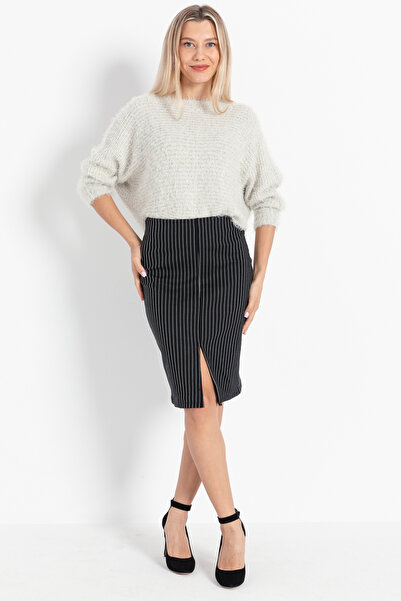 Urbanmaden co Fustă de damă cu talie înaltă, cu dungi negre, elastică, cu fantă din lycra