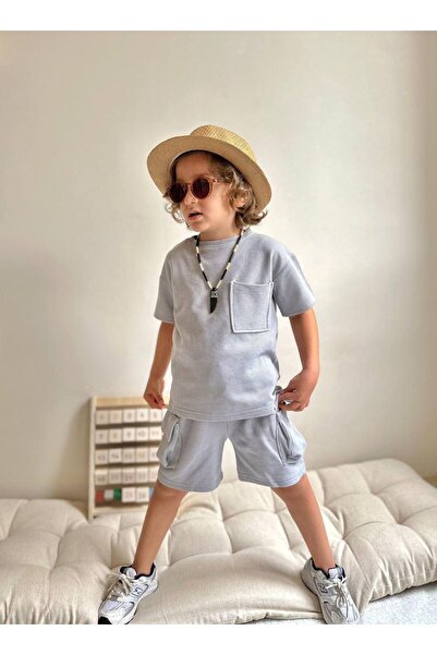 CANDA Short Sleeve Waffle Summer Set with Cargo Pocket Shorts and Pocket Details