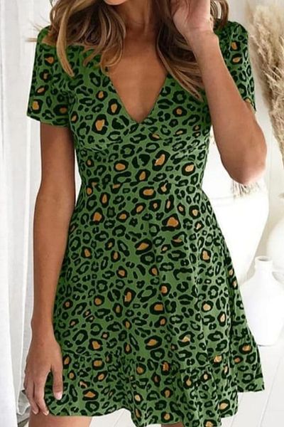ESSFASIHON Rochie micro cu mânecă scurtă cu imprimeu digital cu model leopard