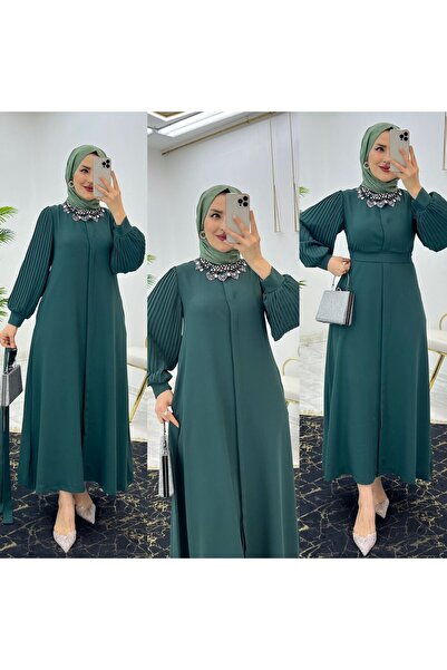 FIRSTESLEM Dubai Krep Kolları Pliseli Düğmeli Kadın Ferace