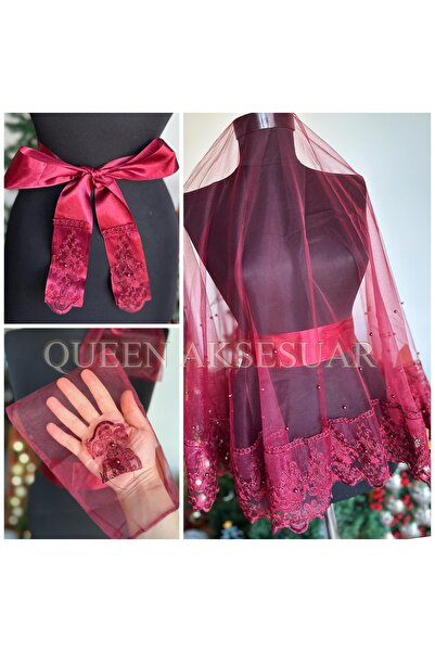 Queen Nelly Бордовий червоний розкішний дизайн - мереживна весільна фата та п...