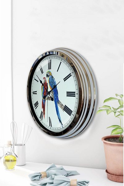 Kasva Concept Gift 40 cm Chrome Metal Parrot Wall Clock