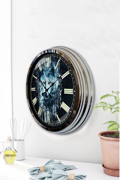 Kasva Concept Gift 40 cm Chrome Metal Wolf Wall Clock