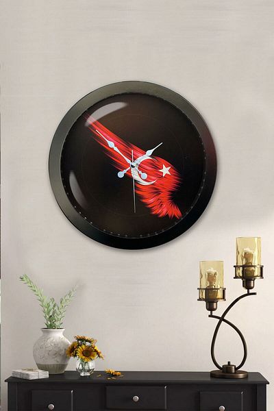 Kasva Concept 36 cm Black Metal Turkish Flag Wall Clock